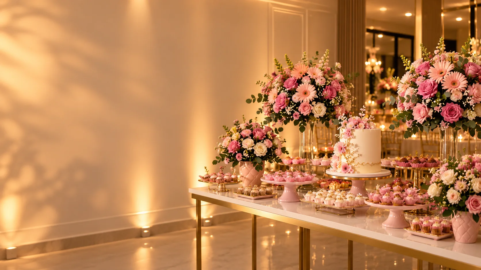 Ambiente com arranjos florais e decoração de mesa — imagem de apresentação — imagem de apresentação